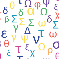 Seamless pattern Letters and symbols of the Greek alphabet. Bright Greek alphabet.