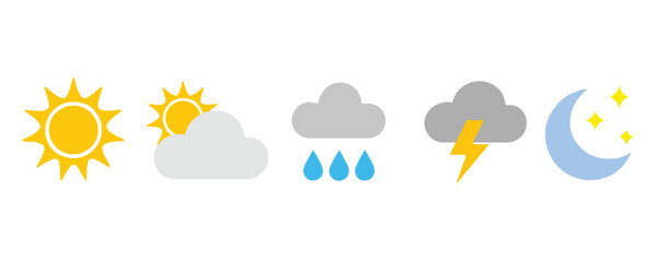 weather icons set. Sun, moon, star, lightning, cloud, rain drops. Vector illustration