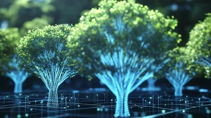 Technological forest landscape concept background, abstract network connection with digital trees, - Powered by Adobe