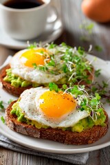 Freshly prepared avocado toast features two perfectly fried eggs and vibrant microgreens on whole grain bread, accompanied by a steaming cup of coffee in a cozy setting
