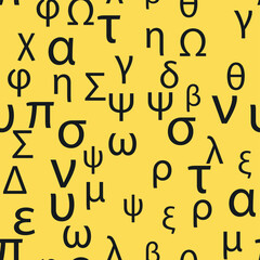 Seamless pattern Letters and symbols of the Greek alphabet. Bright Greek alphabet.