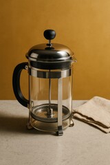 A stylish glass coffee maker on the table and cloth. It looks great and ready to brew the morning coffee