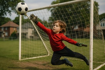 Youthful goalkeeper in action, diving to save a soccer ball during a match on a grassy field, showcasing agility and determination