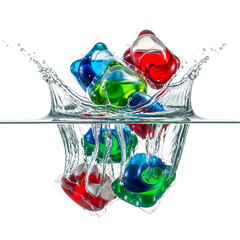 Colorful laundry detergent pods splash into water, creating bubbles and ripples. The scene features a transparent background for clear visibility.