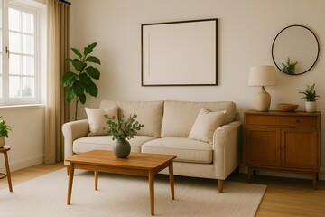 A bright, cozy living room background with a soft beige sofa, wooden furniture, potted plants, and natural light, creating a calm, stylish, and welcoming space perfect for relaxing and background.
