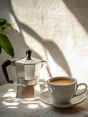 Moka pot coffee maker with a cup of coffee at home. 