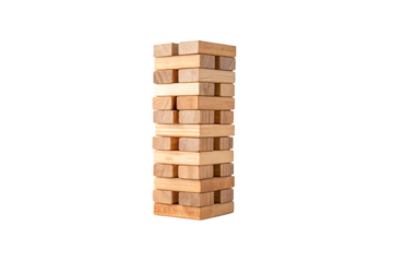Wooden building blocks arranged in tall unstable tower formation showing natural wood grain patterns, isolated on a transparent background