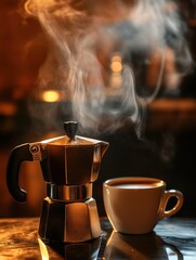 Moka pot coffee maker with a cup of coffee at home. 