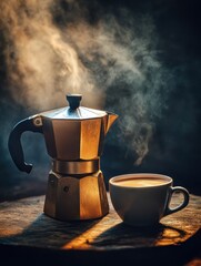 Moka pot coffee maker with a cup of coffee at home. 