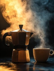 Moka pot coffee maker with a cup of coffee at home. 