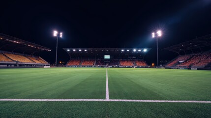 Evening Floodlit Soccer Stadium, Empty Field Conveying Championship Ambiance.