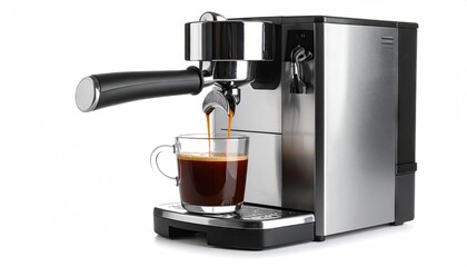 Modern coffee machine pouring espresso into glass cup