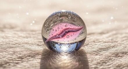 Obraz premium Dew-covered glass marble on ivory wool close-up