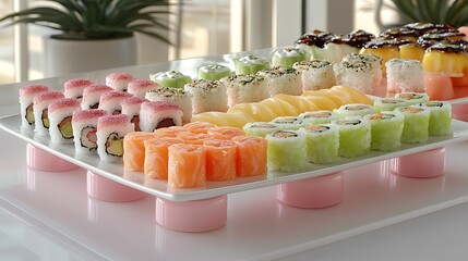 Assorted sushi rolls displayed on a platter.