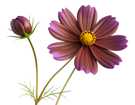 3D Render of Chocolate Cosmos Bud and Open Flower, isolated on transparent background PNG