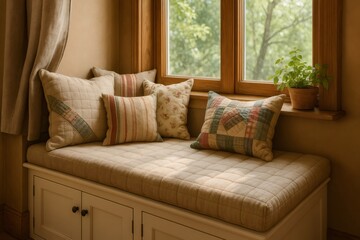 Inviting window nook featuring plush cushions and a potted plant, perfect for relaxation and enjoying natural light from the large windows