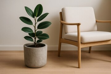 Elegant indoor scene featuring a lush plant in a concrete planter beside a stylish wooden armchair, set against a minimalist backdrop