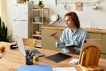 Engaging discussions and creativity flourish in a cozy home workspace for a handsome young man