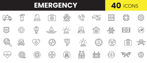 Emergency Line Art Icon Set – Thin Outline Icons for Medical, Rescue, and Disaster Response


