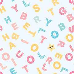 ABC seamless pattern in simple cartoon style. Cute alphabet print - hand drawn childish seamless pattern design. Digital paper.