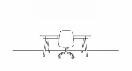 Front view of minimalist home office desk and chair line art hand drawing in plain white background