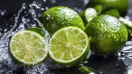 Vibrant Green Limes Halved and Whole with Refreshing Water Splash Dark Background