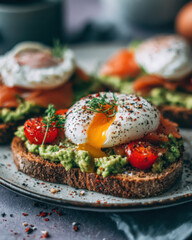 A slice of lightly toasted wholemeal bread with green mashed avocado, salmon and a poached egg.