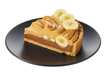 Slice of banana cream pie on a black plate topped with banana slices and caramel
