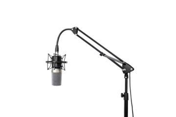 Professional studio condenser microphone with shock mount on adjustable boom arm stand, isolated on a transparent background