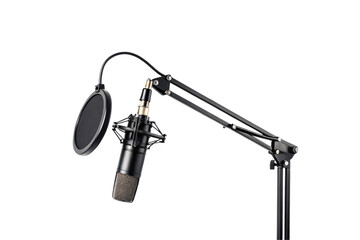 Studio condenser microphone with pop filter and shock mount on adjustable boom arm stand, isolated on a transparent background