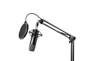 Studio condenser microphone with pop filter and shock mount on adjustable boom arm stand, isolated on a transparent background