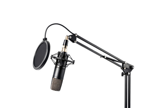 Studio condenser microphone with pop filter and shock mount on adjustable boom arm stand, isolated on a transparent background