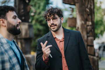 Two men in business attire converse outside in a relaxed outdoor setting. One gestures while...