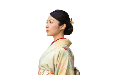Japanese woman in traditional light-colored kimono with floral patterns, hair elegantly styled with decorative accessories, isolated on a transparent background