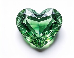 a beautiful heart shaped gemstone with a lush green color featuring meticulously cut facets that enhance its natural brilliance with soft shadow on white background