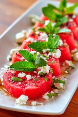 Fresh watermelon slices topped with mint leaves and crumbled cheese are artfully arranged on a platter, perfect for a summer gathering. Ideal for hot weather refreshment