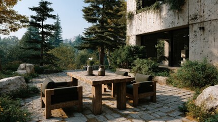 A wooden table with four chairs around it is set up in a garden