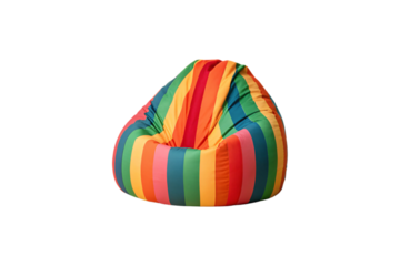 Rainbow striped bean bag chair with multiple bright colors arranged in vertical bands for playful seating, isolated on a transparent background