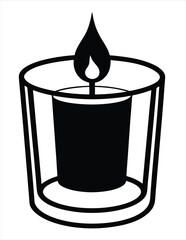 Black silhouette of a lit candle in a glass holder symbolizing warmth light and tranquility. Ideal for use in spa and wellness branding, meditation or relaxation graphics, spiritual or religious cont