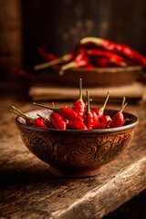 Bright red chili peppers fill a decorative bowl on a weathered wooden table. Additional peppers are scattered on a surface behind, creating an inviting atmosphere for cooking and culinary use