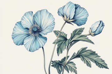 A hand-drawn, detailed illustration of a Himalayan blue poppy plant, emphasizing the texture of the petals and leaves.Himalayan Blue Poppy,mountain bloom,rare plant,blue flower.