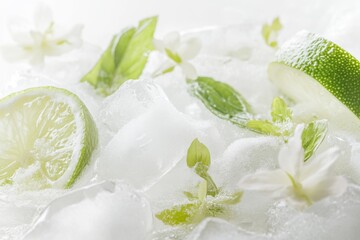 Refreshing Ice Cubes with Vibrant Green Lime Slices Mint Leaves and Delicate White Flowers Clean Cool Still Life