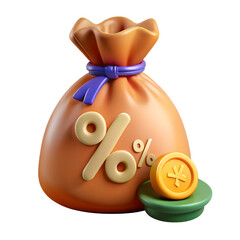 Orange Money Bag with Percentage Sign and Coin 3D Rendered Icon for Discount and Sale