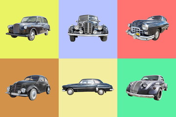 collection of six retro cars on color background