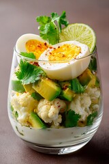 In a clear glass bowl, a colorful salad features chunks of avocado, cooked cauliflower, and a sliced boiled egg, topped with lime and fresh cilantro for a nutritious meal