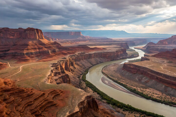 Aerial shot displays the rocky terrains and river