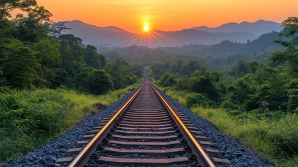 Obraz premium Railroad tracks leading to a vibrant sunset over lush mountains