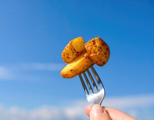 Fork holding roasted potato slices against a blue sky