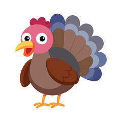 A cheerful cartoon turkey with a wide-spread tail, showcasing vibrant colors and a happy expression.