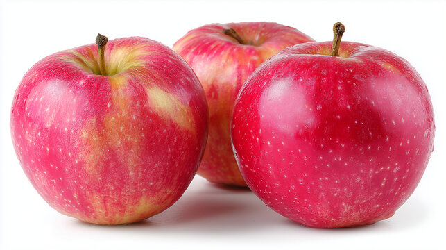 Fresh Pink Lady apples are isolated on a white background, highlighting their vibrant color and crisp texture.

